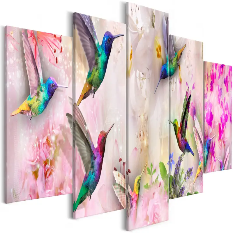 Schilderij - Colourful Hummingbirds (5 Parts) Wide Pink - 100x50 Commander Vite
