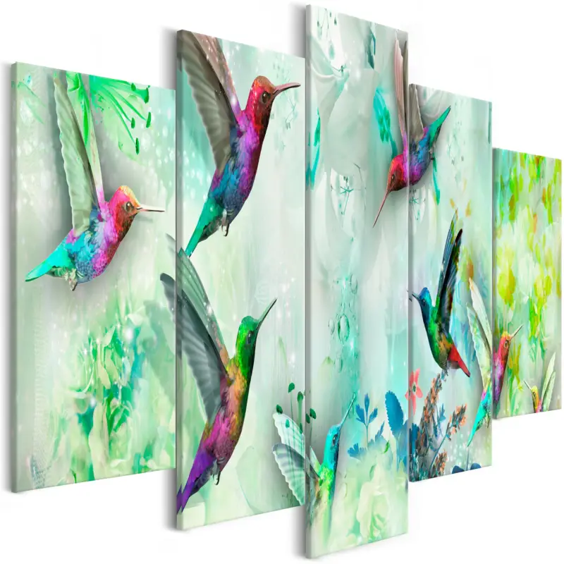 Schilderij - Colourful Hummingbirds (5 Parts) Wide Green - 200x100 Paiement Sécurisé