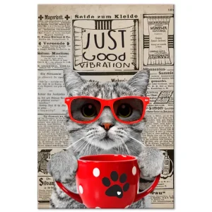 Achat Immédiat Schilderij - Cat With Coffee (1 Part) Vertical - 80x120