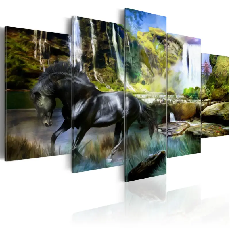 Commander Maintenant Schilderij - Black horse on the background of paradise waterfall - 100x50
