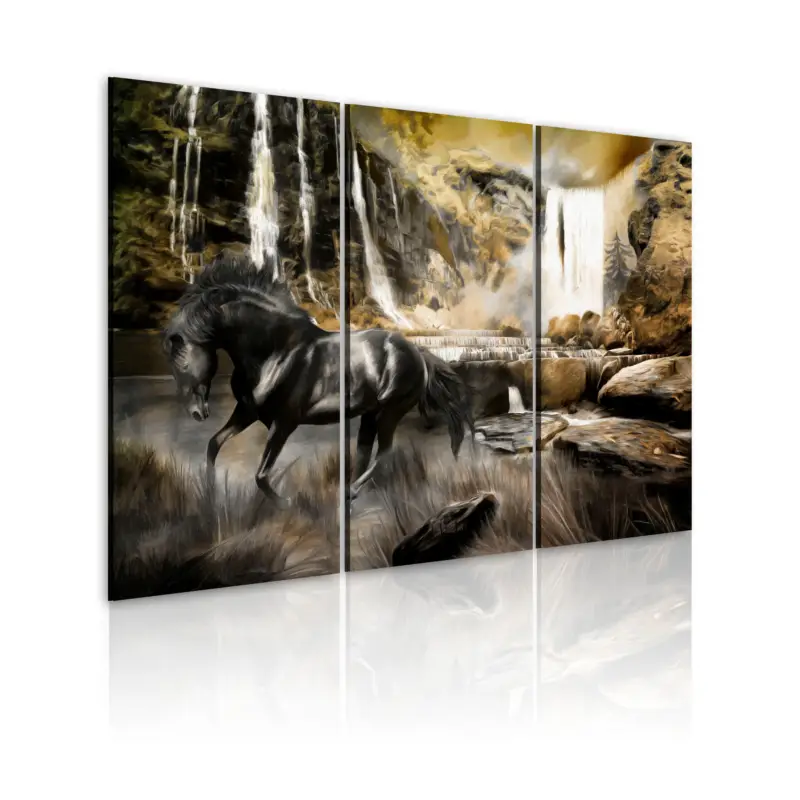 Achetez Aujourd’hui Schilderij - Black horse and rocky waterfall - 120x80