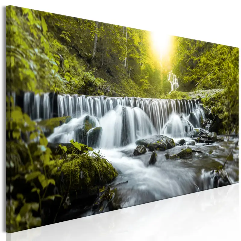 Authentique Schilderij - Awesome Waterfall (1 Part) Narrow Green - 90x30