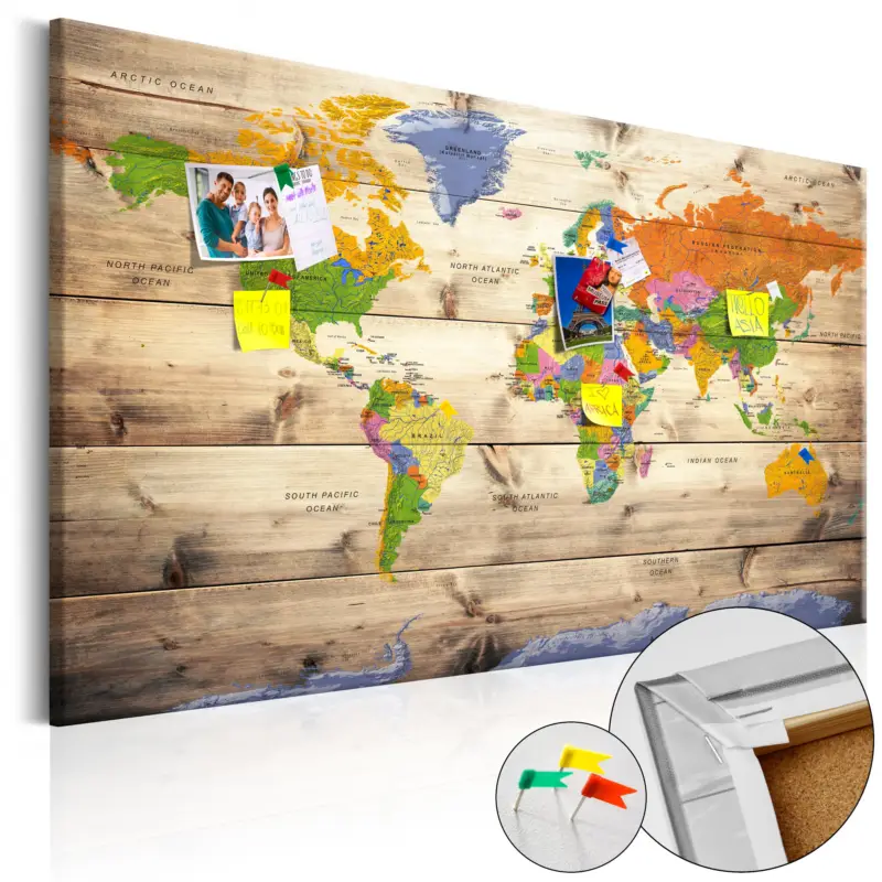 Seulement Aujourd’hui Kurk schilderij - Map on wood: Colourful Travels [Cork Map] - 120x80