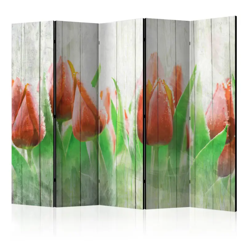 Kamerscherm - Red tulips on wood II [Room Dividers] - 225x172 Nouveauté
